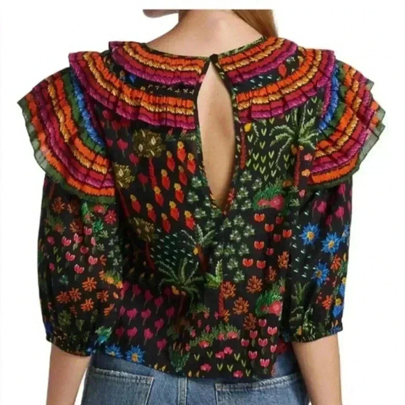 Farm Rio Fruit Garden Ruffle Puff Sleeve Blouse Women’s Size Small - Picture 2 of 16